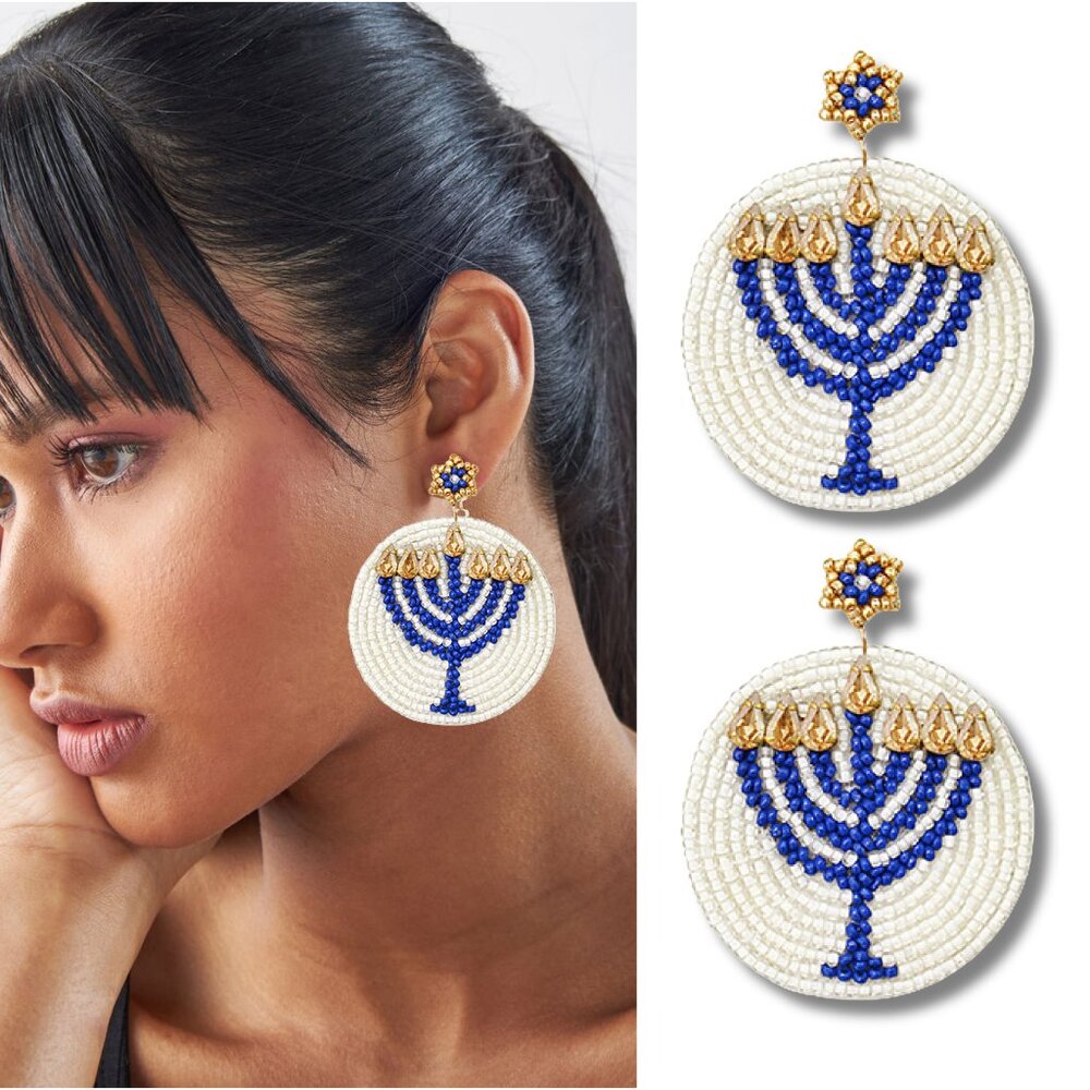 Happy Hanukkah Blue Gold Crystals Candle Menorah Beaded Gift Earrings